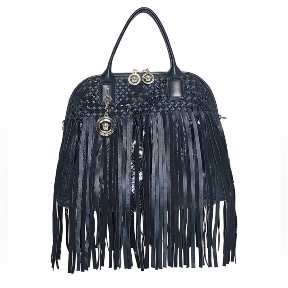 VERSACE FRINGED BLACK LEATHER HANDBAG NWT